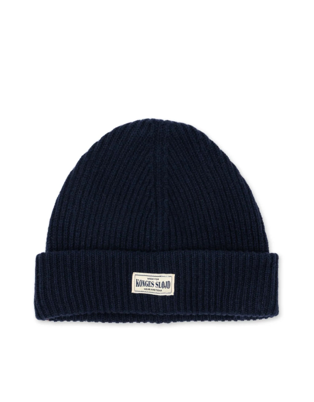 Dunkelblaue Basil Beanie von Konges Sløjd in der Farbe Total Eclipse aus 100 % Wolle mit klassischer Rippstrickstruktur und verstellbarem Umschlag.