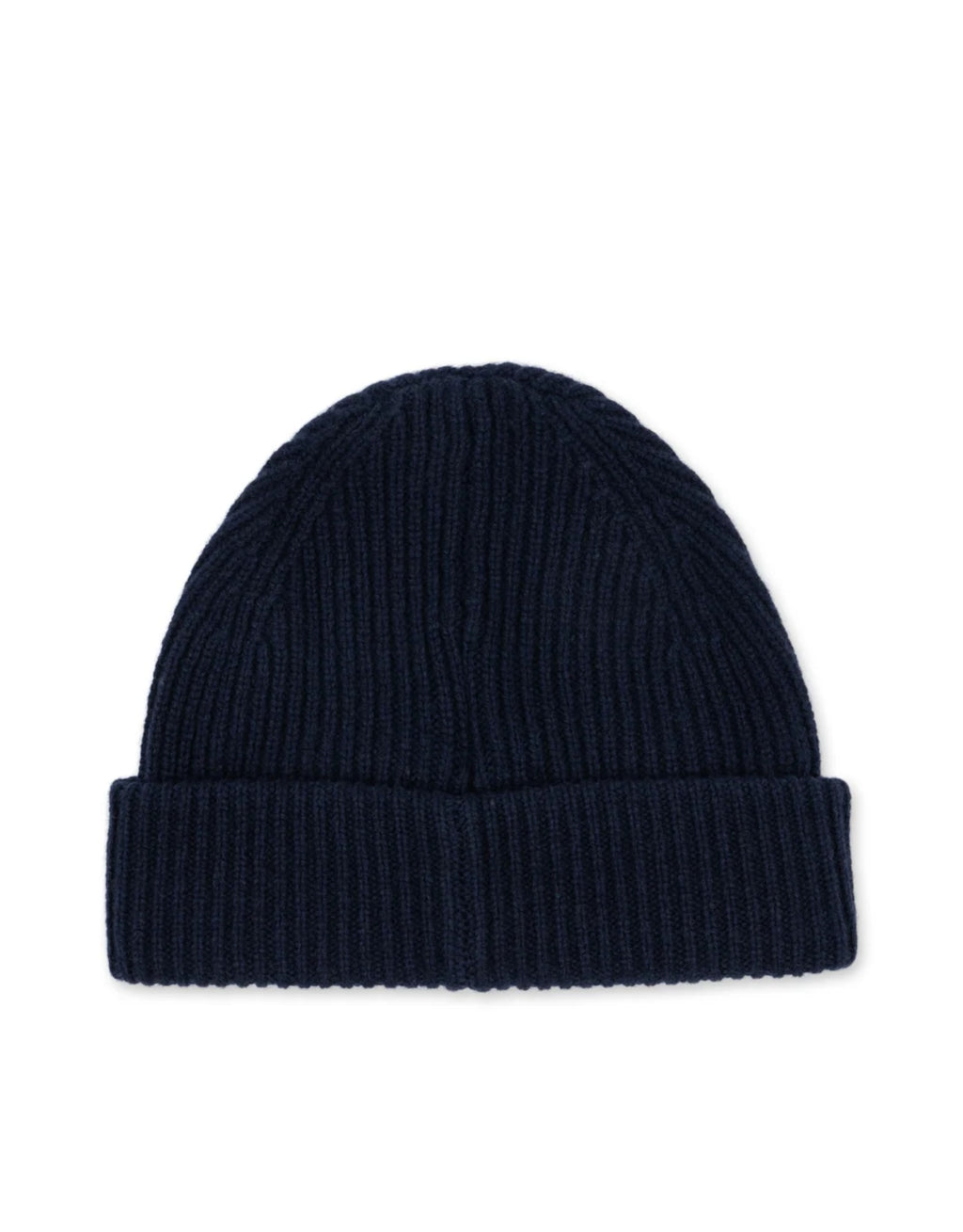 Dunkelblaue Basil Beanie von Konges Sløjd in der Farbe Total Eclipse aus 100 % Wolle mit klassischer Rippstrickstruktur und verstellbarem Umschlag, von Hinten.