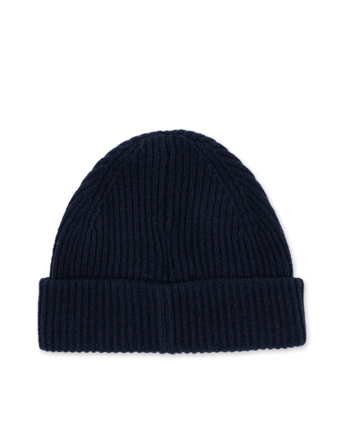 Dunkelblaue Basil Beanie von Konges Sløjd in der Farbe Total Eclipse aus 100 % Wolle mit klassischer Rippstrickstruktur und verstellbarem Umschlag, von Hinten.
