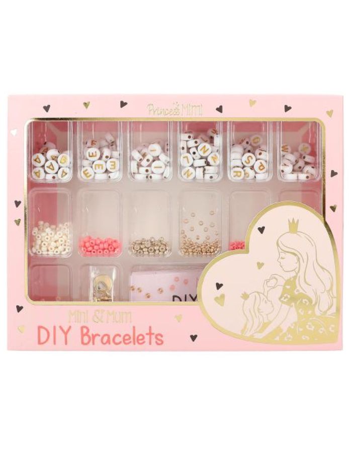 Princess Mimi DIY Armbänder MINI &amp; MUM Bastel-Set mit bunten Perlen, Buchstaben-Perlen und goldenen Herzanhängern für Mama und Kind.