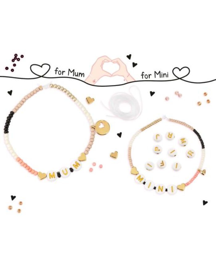 Princess Mimi DIY Armbänder MINI &amp; MUM Bastel-Set mit bunten Perlen, Buchstaben-Perlen und goldenen Herzanhängern für Mama und Kind.