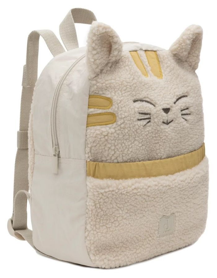 Jollein Rucksack Charlie Cat mit Teddy-Stoff, Katzenohren und verstellbaren Schultergurten für Kinder als Freisteller von schräg vorne