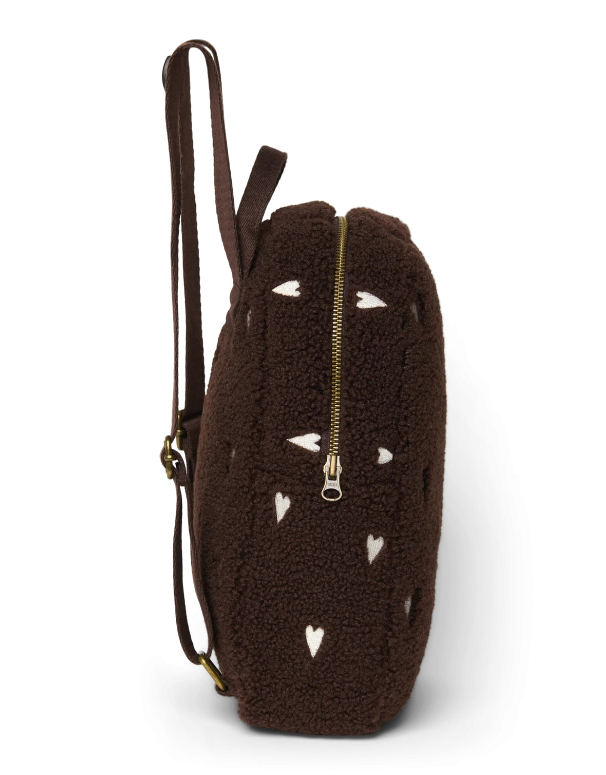 Schokoladenbrauner Mini-Rucksack Chocolate Teddy Hearts von Studio Noos aus weichem Teddy-Material mit gestickten Herzen und verstellbaren Schulterträgern.