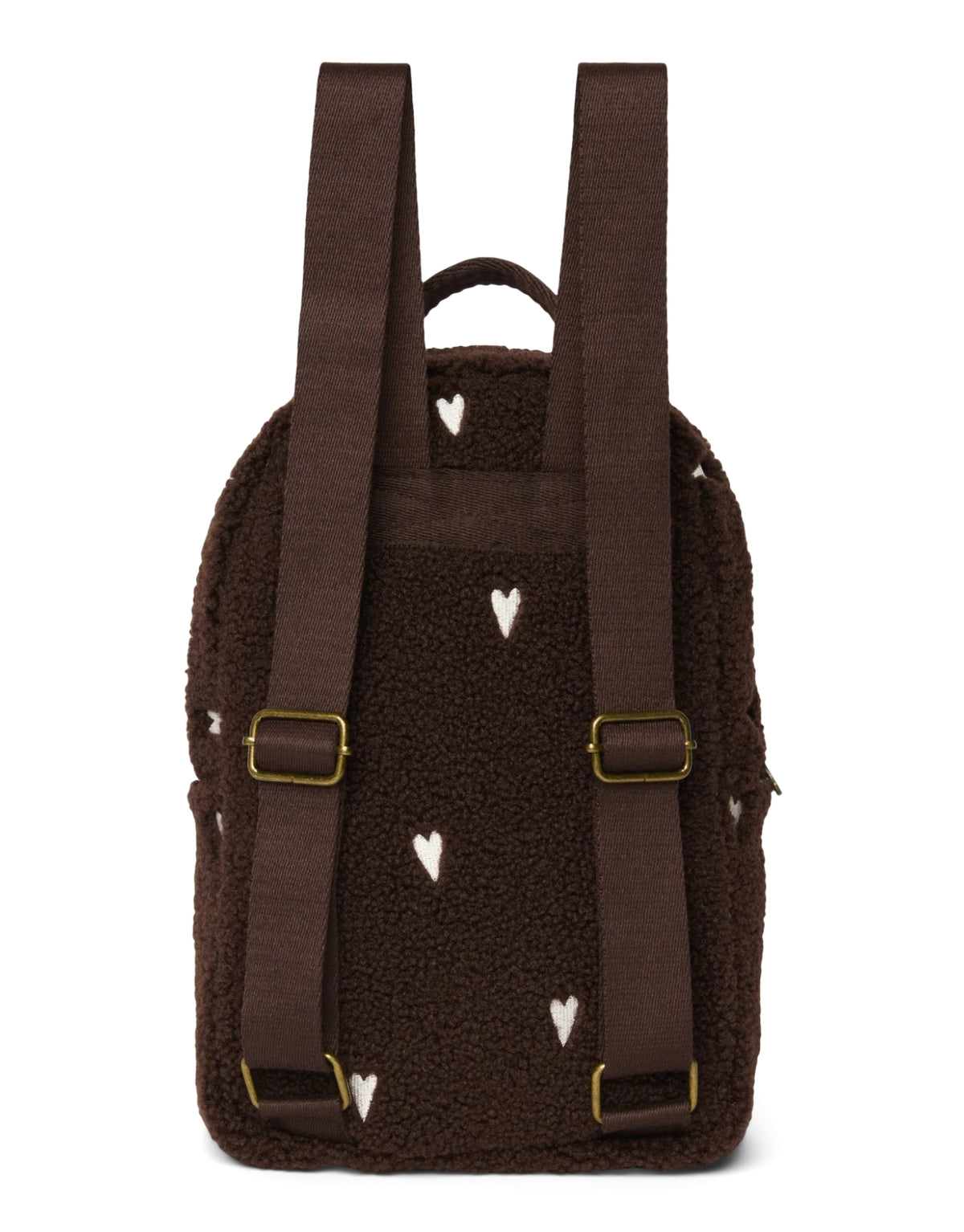 Schokoladenbrauner Mini-Rucksack Chocolate Teddy Hearts von Studio Noos aus weichem Teddy-Material mit gestickten Herzen und verstellbaren Schulterträgern.