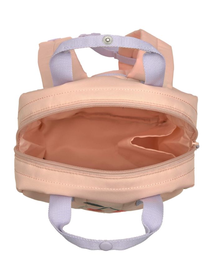 Kinderrucksack Square Little Gang von Lässig in Cherry Peach mit gestepptem Oberstoff, Stickereien und 7 l Volumen, aus recyceltem Polyester, ideal für Kindergarten und Ausflüge.