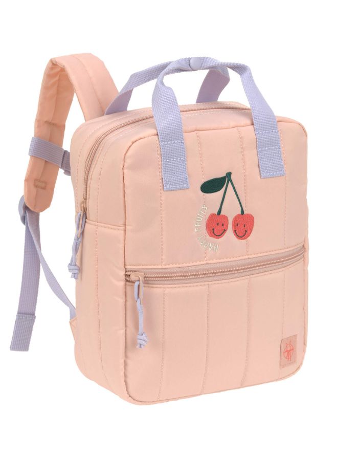 Kinderrucksack Square Little Gang von Lässig in Cherry Peach mit gestepptem Oberstoff, Stickereien und 7 l Volumen, aus recyceltem Polyester, ideal für Kindergarten und Ausflüge.