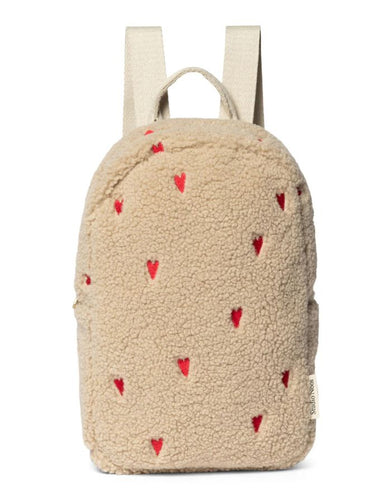 Studio Noos Mini Rucksack Teddy Ecru Hearts mit gestickten Herzen – Vorderansicht