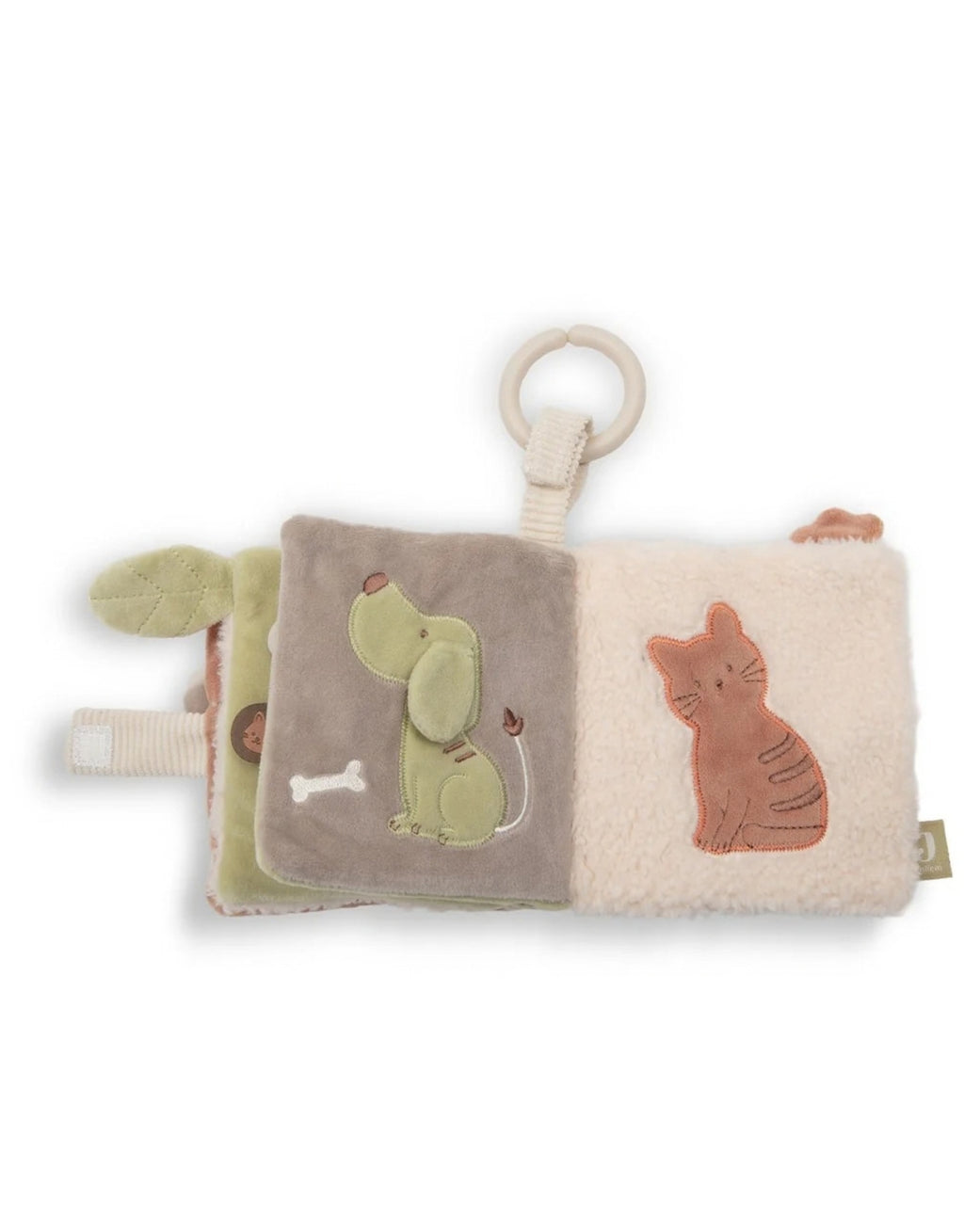 Weiches Stoffbuch Barn Buddies von Jollein mit Bauernhoftieren, Knisterelementen, Fühl-Labels, aufklappbaren Laschen und Spiegel für Babys geöffnet auf zweiter Seite