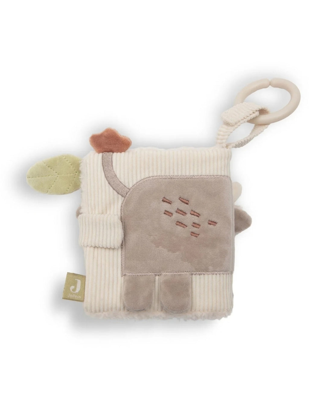 Weiches Stoffbuch Barn Buddies von Jollein mit Bauernhoftieren, Knisterelementen, Fühl-Labels, aufklappbaren Laschen und Spiegel für Babys von hinten