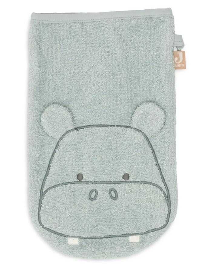Weicher Frottee-Waschlappen Waschhandschuhe Hippo Happy von Jollein für Babys aus Baumwollfrottier mit niedlichem Nilpferd-Design als Freisteller