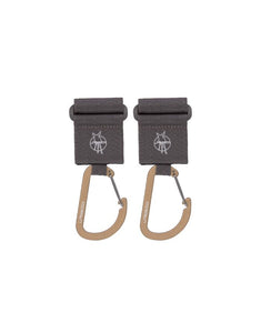LÄSSIG Kinderwagenhaken 2er Set in Anthrazit – robuste Karabiner mit Klettverschluss zur sicheren Befestigung von Taschen und Zubehör am Kinderwagen oder Buggy.