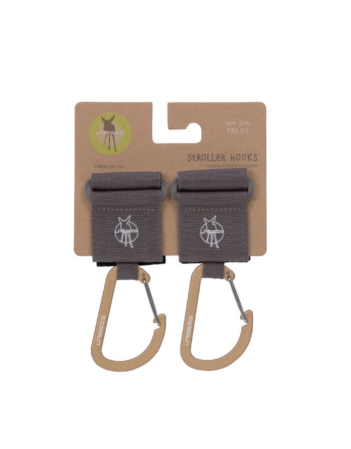 LÄSSIG Kinderwagenhaken 2er Set in Anthrazit – robuste Karabiner mit Klettverschluss zur sicheren Befestigung von Taschen und Zubehör am Kinderwagen oder Buggy.