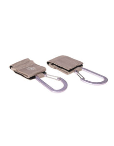 LÄSSIG Kinderwagenhaken 2er Set in Beige – stabile Karabiner mit Klettverschluss zum sicheren Befestigen von Taschen und Zubehör am Kinderwagen oder Buggy.