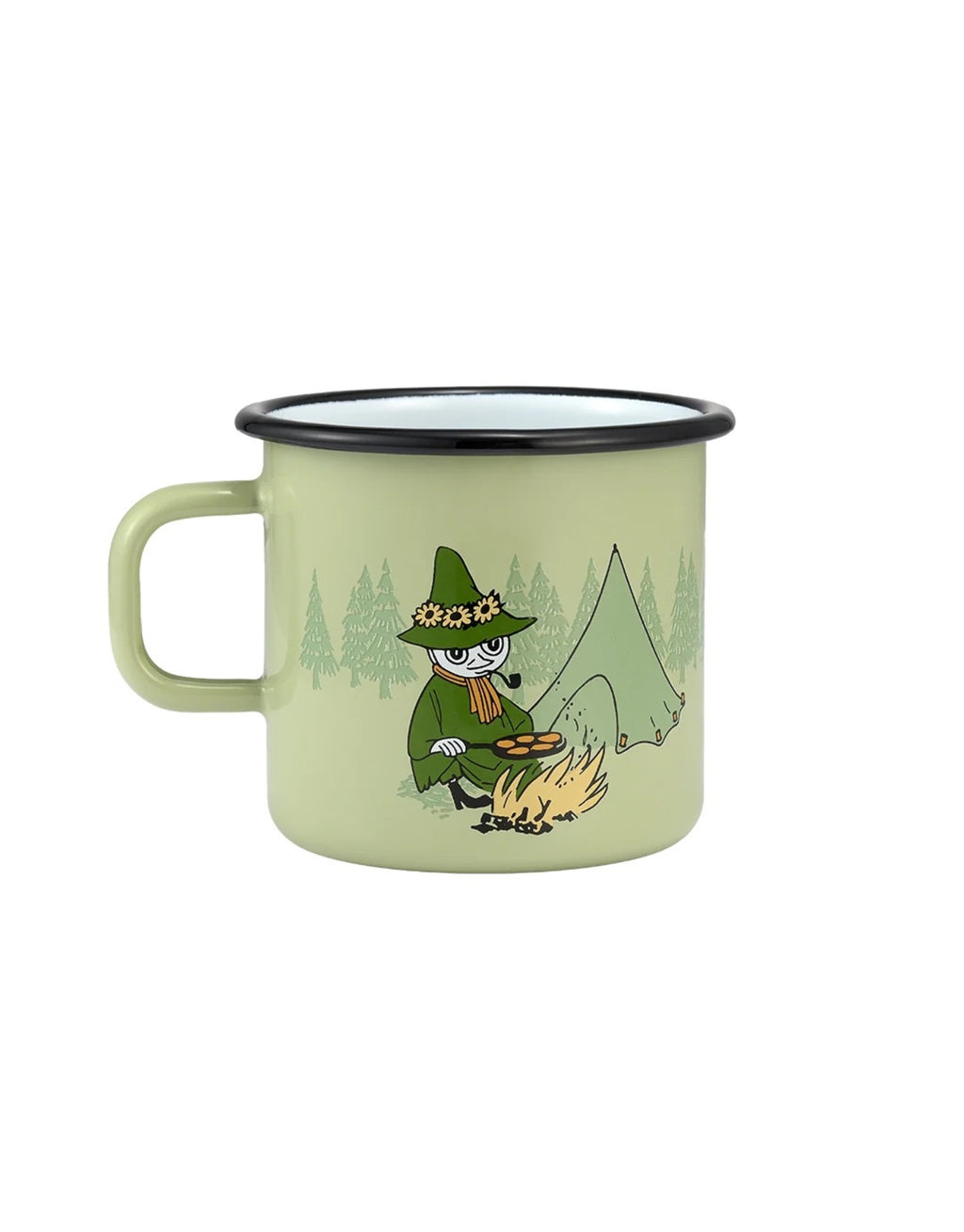Moomin Emaille-Becher Campers von Muurla in Grün, dekorativer Trinkbecher aus emailliertem Stahl mit Henkel und liebevollem Moomin-Ausflugsmotiv, 550 ml Fassungsvermögen als Freisteller von der anderen Seite