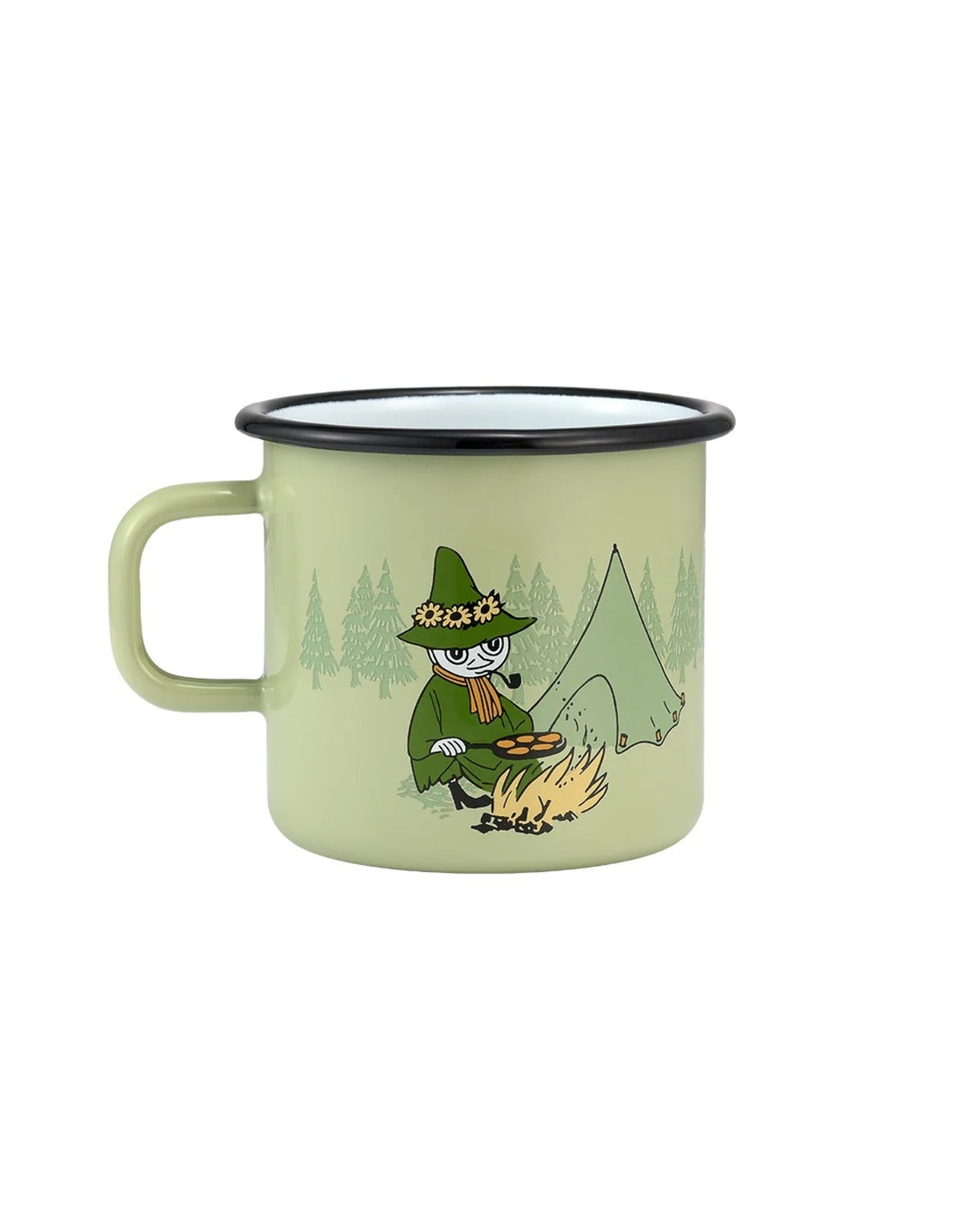 Moomin Emaille-Becher Campers von Muurla in Grün, dekorativer Trinkbecher aus emailliertem Stahl mit Henkel und liebevollem Moomin-Ausflugsmotiv, 550 ml Fassungsvermögen als Freisteller von der anderen Seite