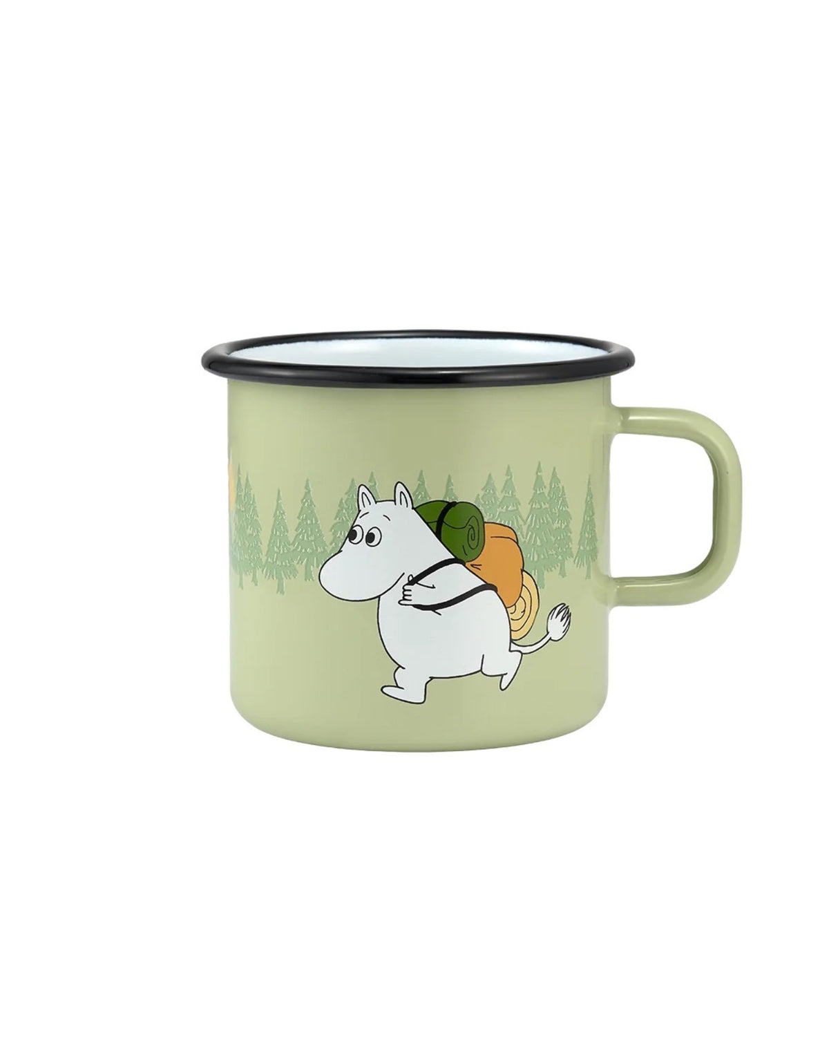 Moomin Emaille-Becher Campers von Muurla in Grün, dekorativer Trinkbecher aus emailliertem Stahl mit Henkel und liebevollem Moomin-Ausflugsmotiv, 550 ml Fassungsvermögen as Freisteller