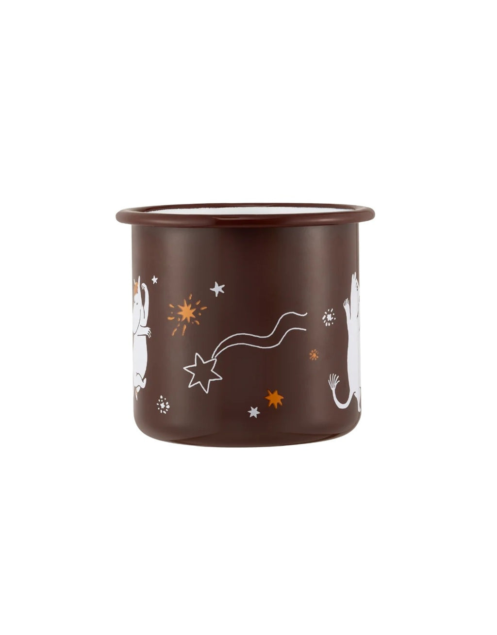 Moomin Emaille-Becher Komet von Muurla mit liebevollem Motiv aus der Geschichte „Komet im Mumintal“, dekorativer Trinkbecher aus emailliertem Stahl mit Henkel und 550 ml Fassungsvermögen als Freisteller von der Seite ohne Henkel