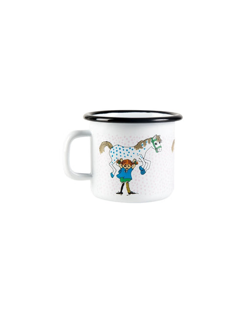 Pippi Langstrumpf Emaille-Becher von Muurla mit Pippi und ihrem Pferd Kleiner Onkel, dekorativer Trinkbecher aus emailliertem Stahl mit Henkel und 250 ml Fassungsvermögen als Freisteller