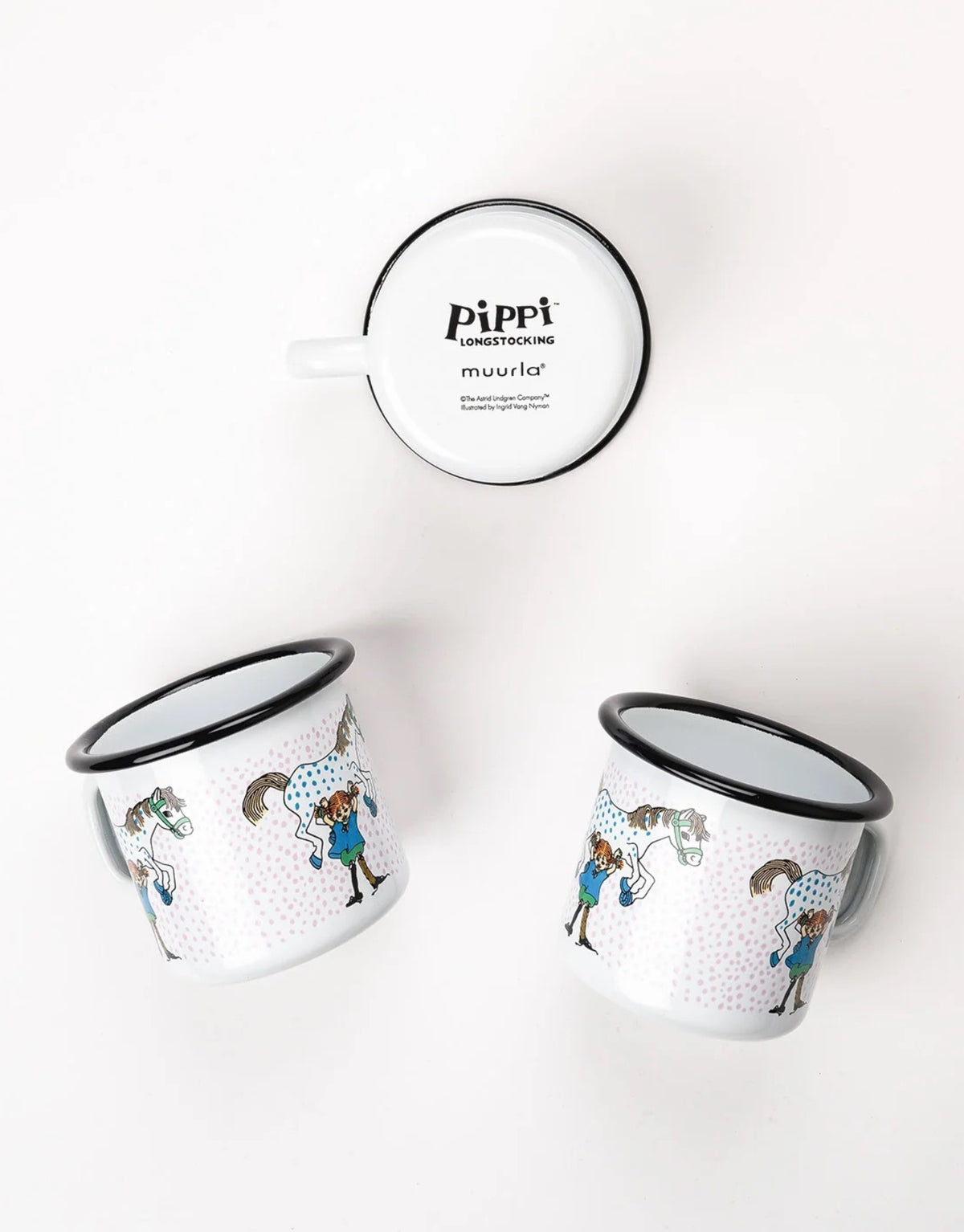  Pippi Langstrumpf Emaille-Becher von Muurla mit Pippi und ihrem Pferd Kleiner Onkel, dekorativer Trinkbecher aus emailliertem Stahl mit Henkel und 250 ml Fassungsvermögen von unten