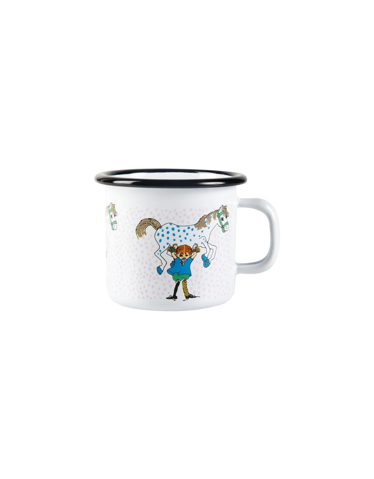 Pippi Langstrumpf Emaille-Becher von Muurla mit Pippi und ihrem Pferd Kleiner Onkel, dekorativer Trinkbecher aus emailliertem Stahl mit Henkel und 250 ml Fassungsvermögen als Freisteller von der anderen Seite