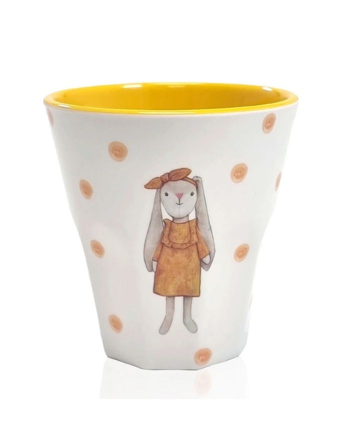  Mea Lini Melaminbecher Hase Hedda gelb mit Punkten und Hasenmotiv für Kinder.