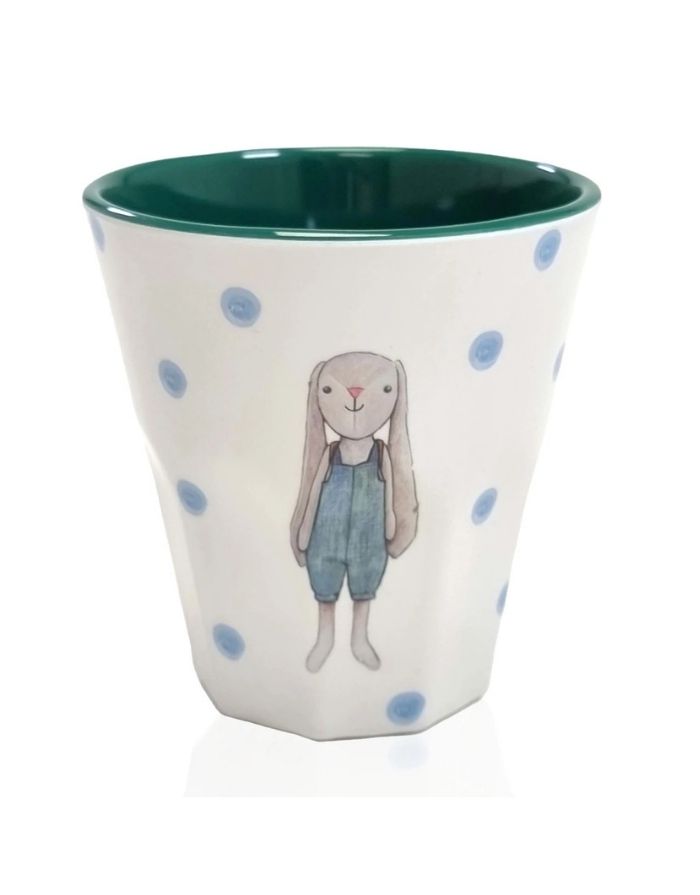 Mea Lini Melaminbecher Hase Hugo grün mit Punkten und Hasenmotiv für Kinder.