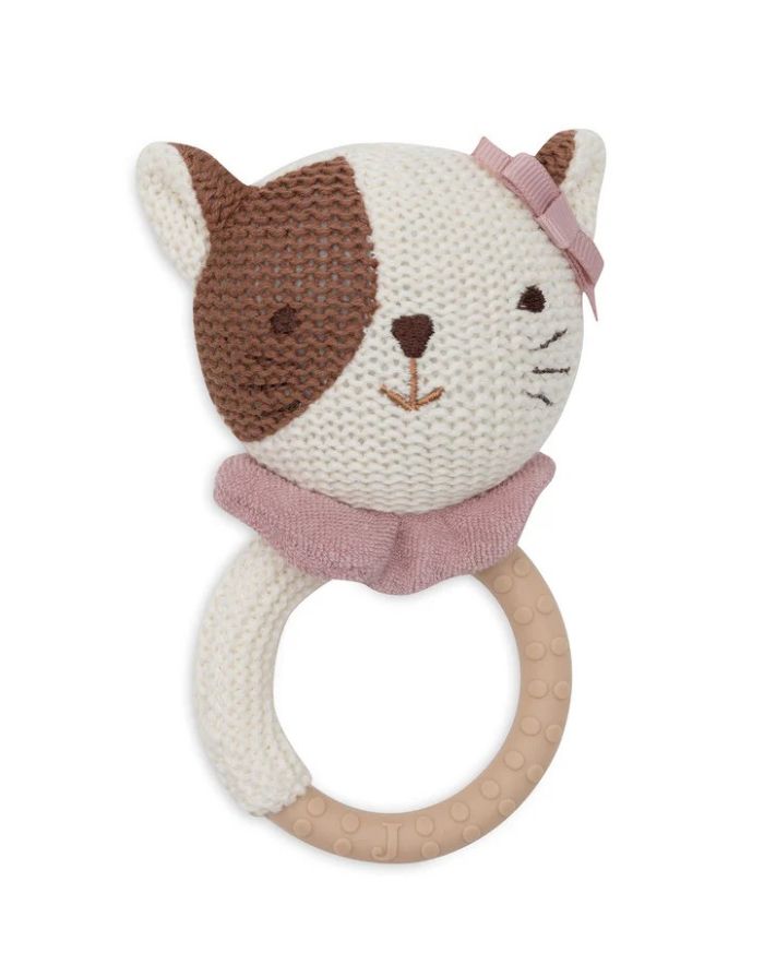 Jollein Beißring „Katze Jill“ – weicher Silikon-Beißring mit gestricktem Katzenkopf, CE-zertifiziert, lindert Zahnungsschmerzen.