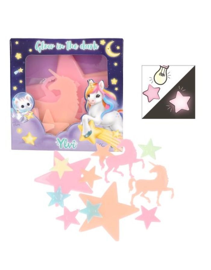 Im Dunkeln leuchtende Sterne und Einhörner von Ylvi in Orange, Pink, Türkis und Grün zur Dekoration im Kinderzimmer.