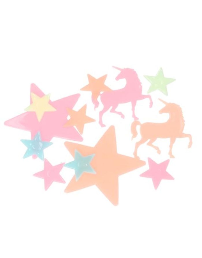 Im Dunkeln leuchtende Sterne und Einhörner von Ylvi in Orange, Pink, Türkis und Grün zur Dekoration im Kinderzimmer.