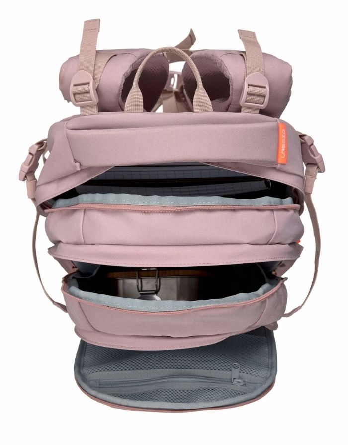 ALT Text: LÄSSIG BOLD Origin Schulrucksack in Mauve mit ergonomischem Rückensystem, 30 Liter Volumen und reflektierenden Details von oben