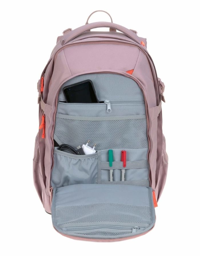 ALT Text: LÄSSIG BOLD Origin Schulrucksack in Mauve mit ergonomischem Rückensystem, 30 Liter Volumen und reflektierenden Details von innen