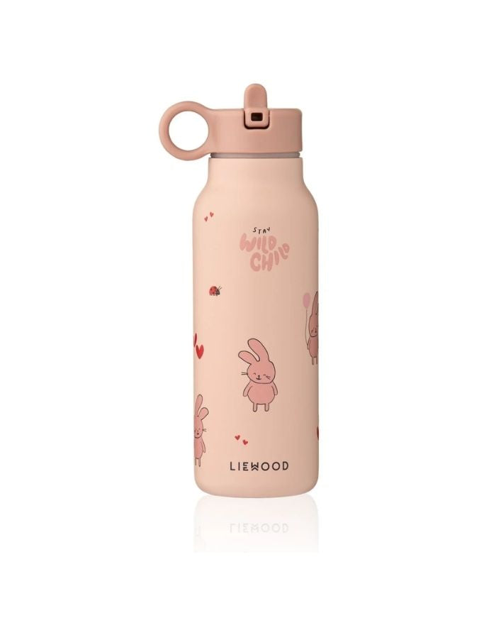 Liewood Falk Trinkflasche 350 ml in Wild Child/Rosey aus recyceltem Edelstahl mit verspieltem Design und auslaufsicherem Pop-up-Verschluss.