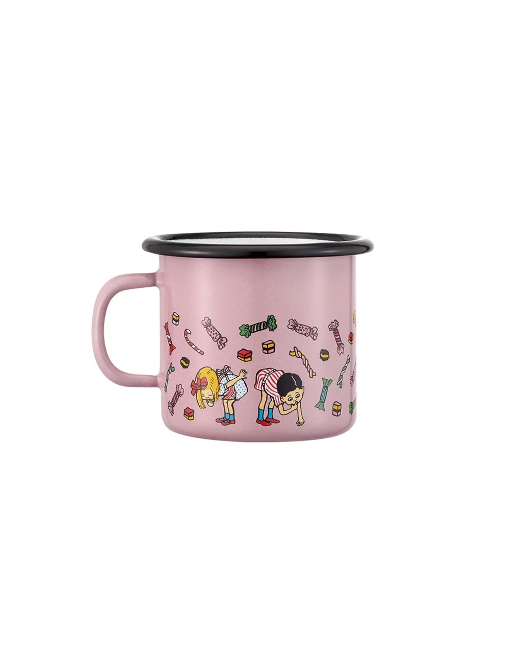 Pippi Langstrumpf Emaille-Becher Süßigkeiten von Muurla, dekorativer Trinkbecher aus emailliertem Stahl mit Henkel und fröhlichem Pippi-Motiv, 250 ml Fassungsvermögen als Freisteller von der anderen Seite