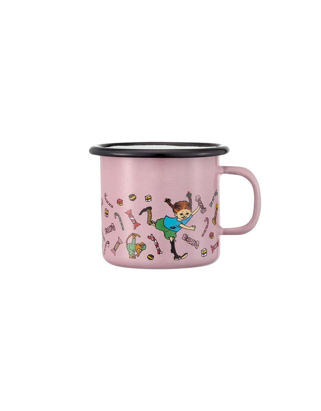Pippi Langstrumpf Emaille-Becher Süßigkeiten von Muurla, dekorativer Trinkbecher aus emailliertem Stahl mit Henkel und fröhlichem Pippi-Motiv, 250 ml Fassungsvermögen als Freisteller