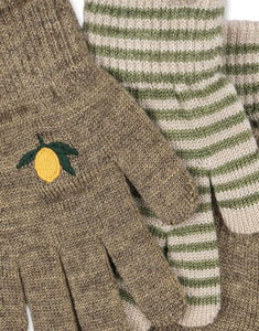 2 Paar Kinderhandschuhe von Konges Sløjd aus Wollmischung in Lemon/Stripe farben.