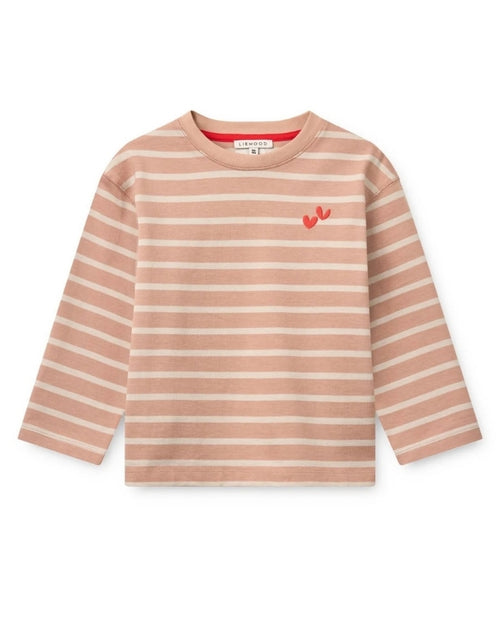 Gestreiftes Liewood Tyler Langarmshirt in Pale Tuscany/Sandy Stripe aus 100 % GOTS-zertifizierter Bio-Baumwolle mit kastiger Passform als Freisteller von vorne