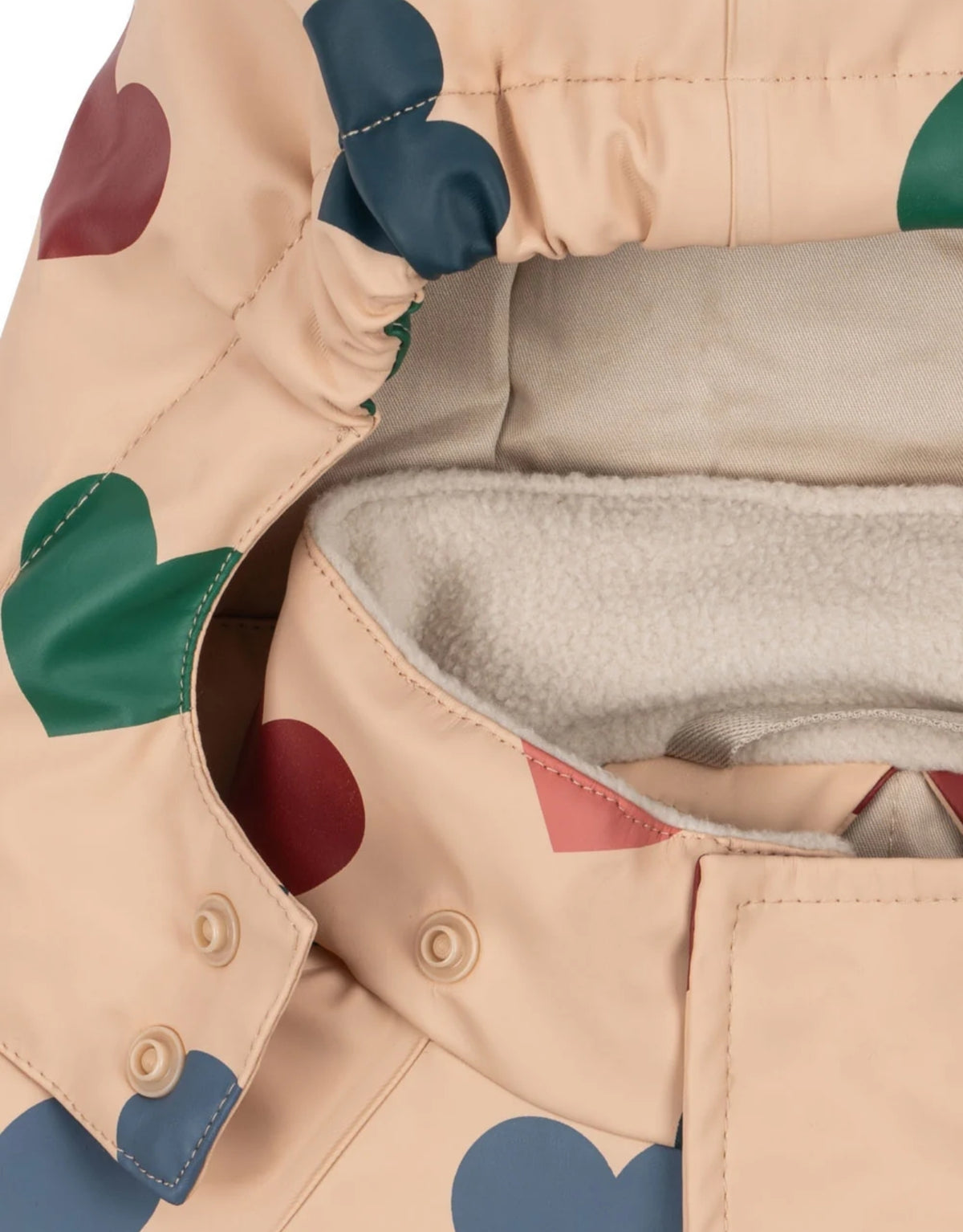 Rain Schneeanzug Bon Coeur Coloré von Konges Sløjd mit Herzprint, abnehmbarer Kapuze und warmer THERMOLITE® EcoMade Wattierung.