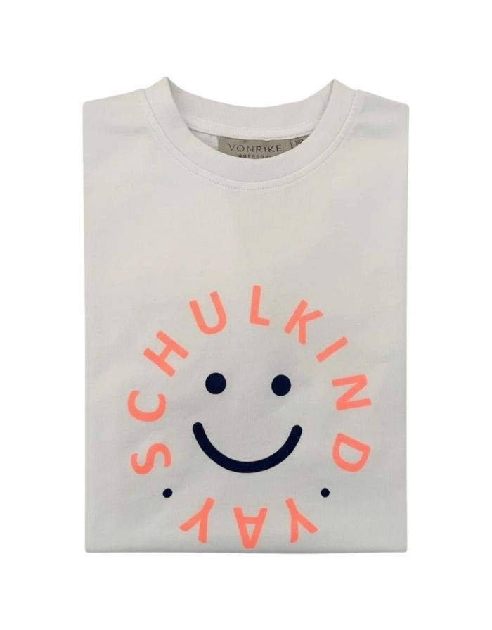Weißes T-Shirt Schulkind Smiley von Von Rike aus 100 % Baumwolle mit leuchtendem Neon-Koralle-Print.