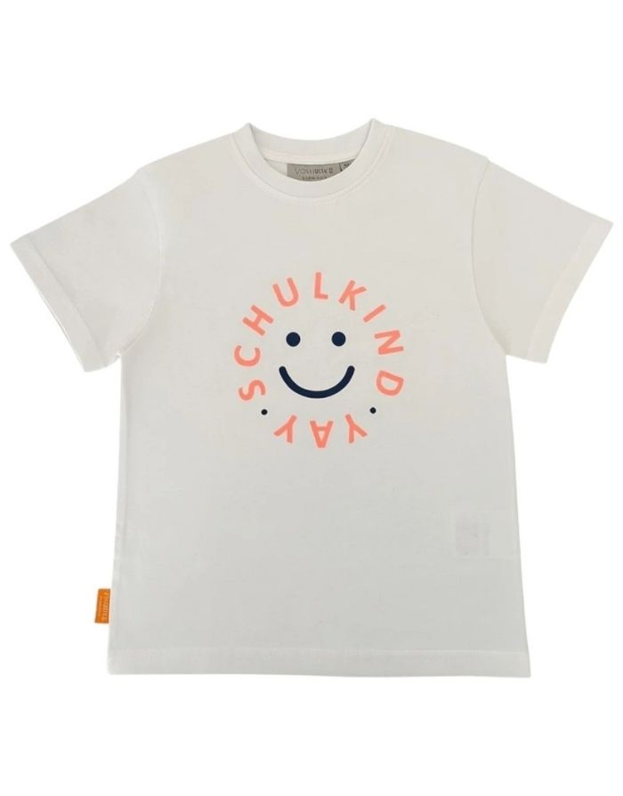 Weißes T-Shirt Schulkind Smiley von Von Rike aus 100 % Baumwolle mit leuchtendem Neon-Koralle-Print als Freisteller von vorne 