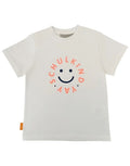 Weißes T-Shirt Schulkind Smiley von Von Rike aus 100 % Baumwolle mit leuchtendem Neon-Koralle-Print als Freisteller von vorne 