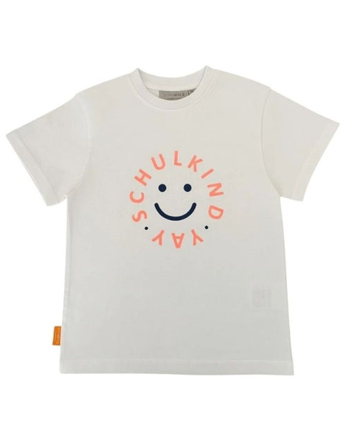 Weißes T-Shirt Schulkind Smiley von Von Rike aus 100 % Baumwolle mit leuchtendem Neon-Koralle-Print als Freisteller von vorne 