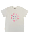 Weißes T-Shirt Schulkind Smiley von Von Rike aus 100 % Baumwolle mit leuchtendem Flieder und pinkfarbenem Print als Freisteller von vorne 