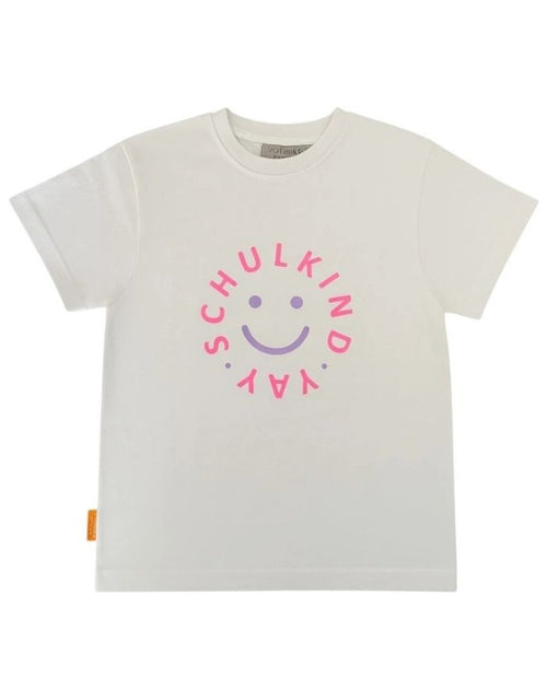 Weißes T-Shirt Schulkind Smiley von Von Rike aus 100 % Baumwolle mit leuchtendem Flieder und pinkfarbenem Print als Freisteller von vorne 