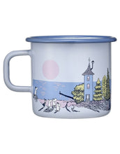 Laden Sie das Bild in den Galerie-Viewer, Muurla Moomin Emaille Becher Sunset mit Pastellillustration aus dem Desert-Island-Comic, 5,5 dl, robuster Outdoor-Becher aus Emaille
