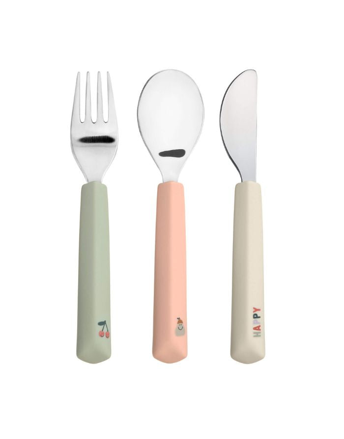 Buntes Kinderbesteck-Set mit Kirschmotiv aus Edelstahl und Silikongriffen. Ideal für Kleinkinder ab 12 Monaten.