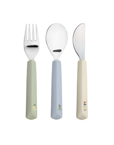 Buntes Kinderbesteck-Set im Zitronen-Design mit ergonomischen Silikongriffen. Ideal für Kinder ab 12 Monaten, spülmaschinengeeignet und BPA-frei.