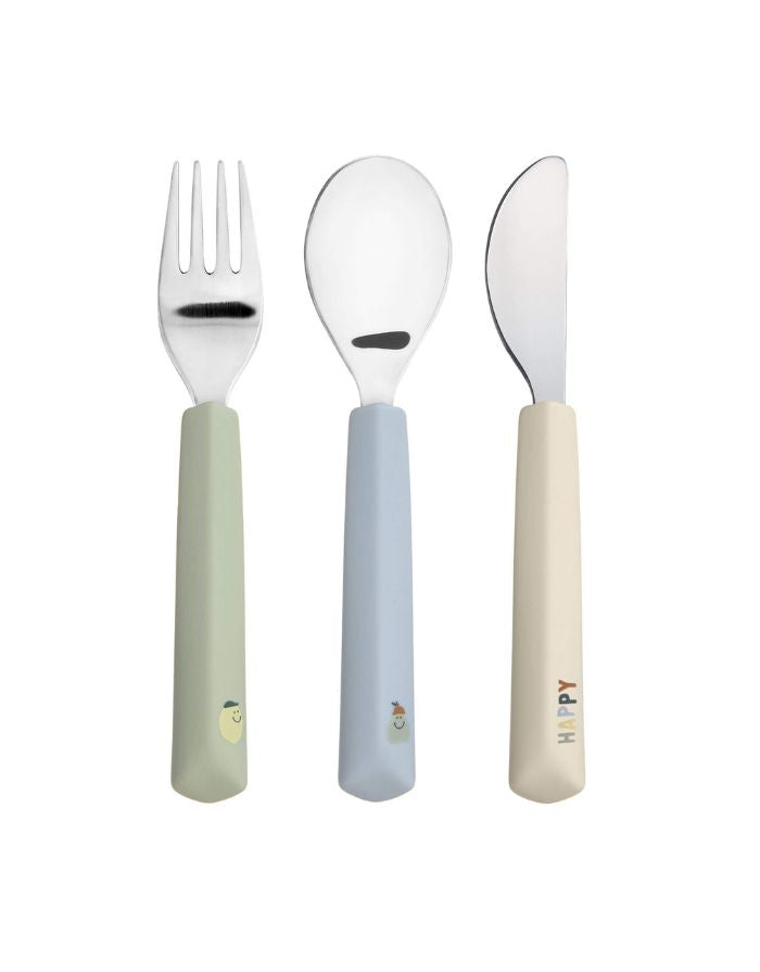 Buntes Kinderbesteck-Set im Zitronen-Design mit ergonomischen Silikongriffen. Ideal für Kinder ab 12 Monaten, spülmaschinengeeignet und BPA-frei.