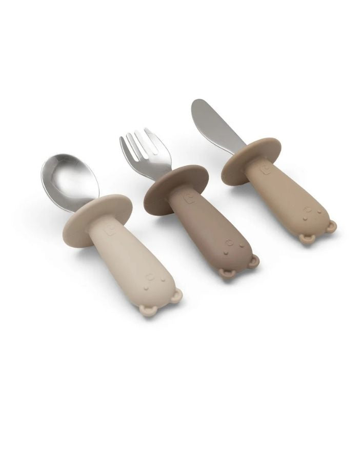 Jollein Besteckset Silken Natural Shades aus Edelstahl und Silikon für Kinder ab 18 Monaten als Freisteller von der Seite