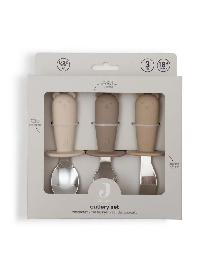 Jollein Besteckset Silken Natural Shades aus Edelstahl und Silikon für Kinder ab 18 Monaten in der Verpackung