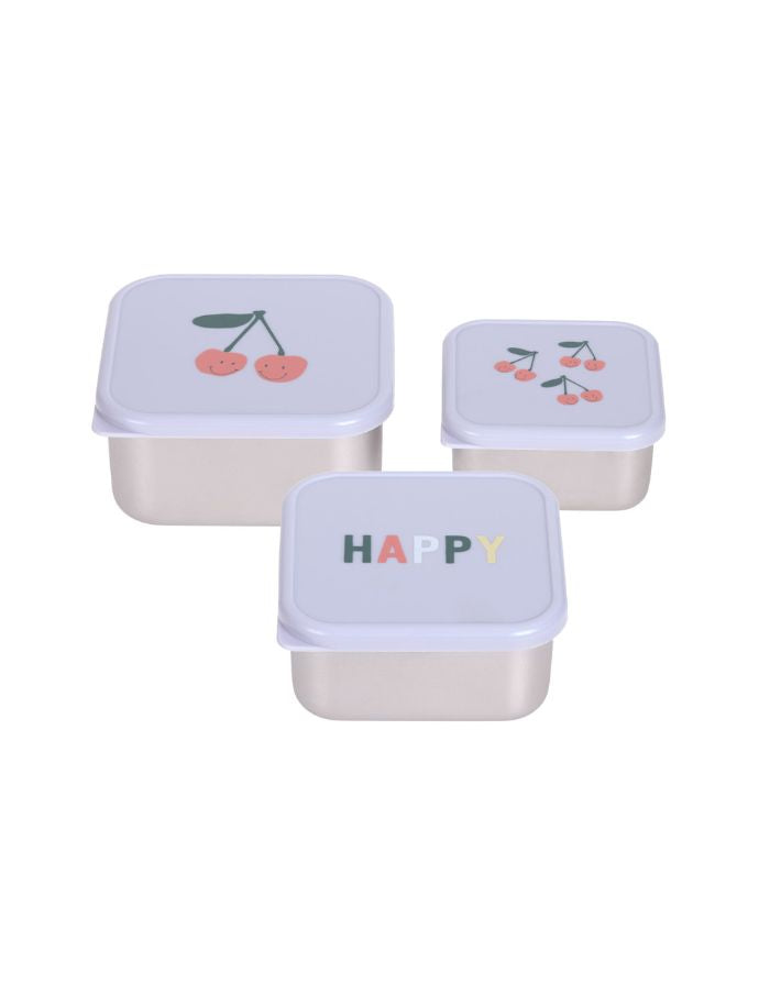 Edelstahl-Snackboxen im 3er Set mit Kirschmotiv für Kinder, BPA-frei, spülmaschinengeeignet, stapelbar, ideal für unterwegs ab 3 Jahren.